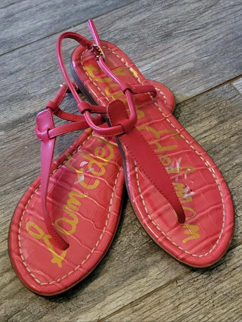 Sam Edelman Gigi Croc Embossed Leather Thong Sandals Fuchsia Pink Summer